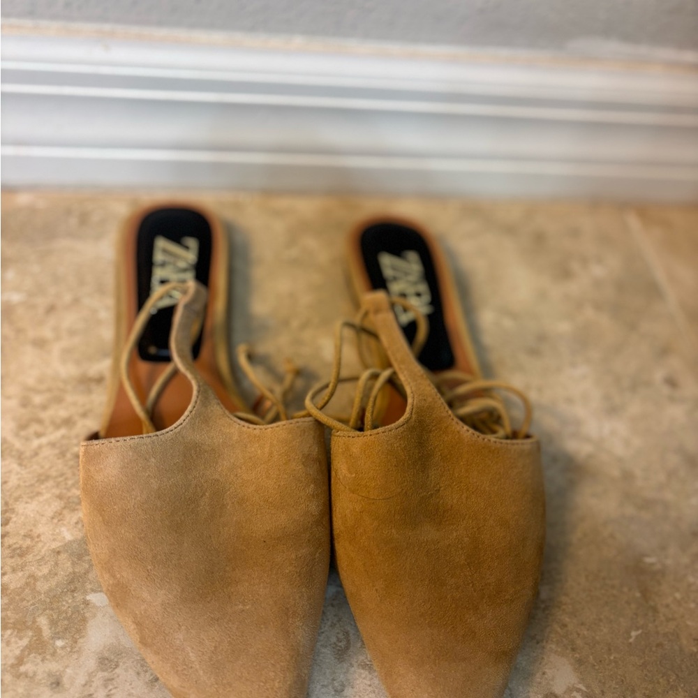 Zara Tan Pointed Toe Flats with Ankle Wrap - Picture 8 of 9